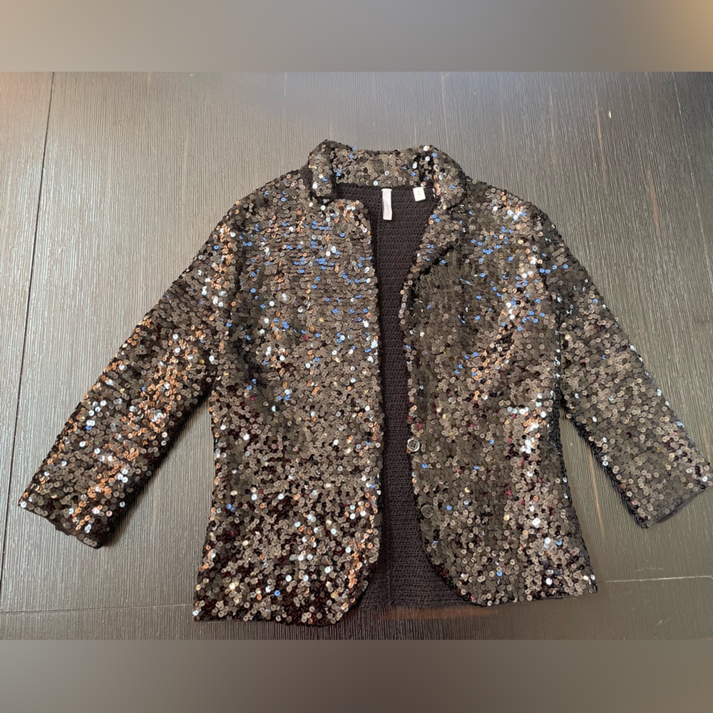 IISLI hand knit Blk Sequin Tiffany Fitted Blazer Cropped Evening Jacket Sz 6